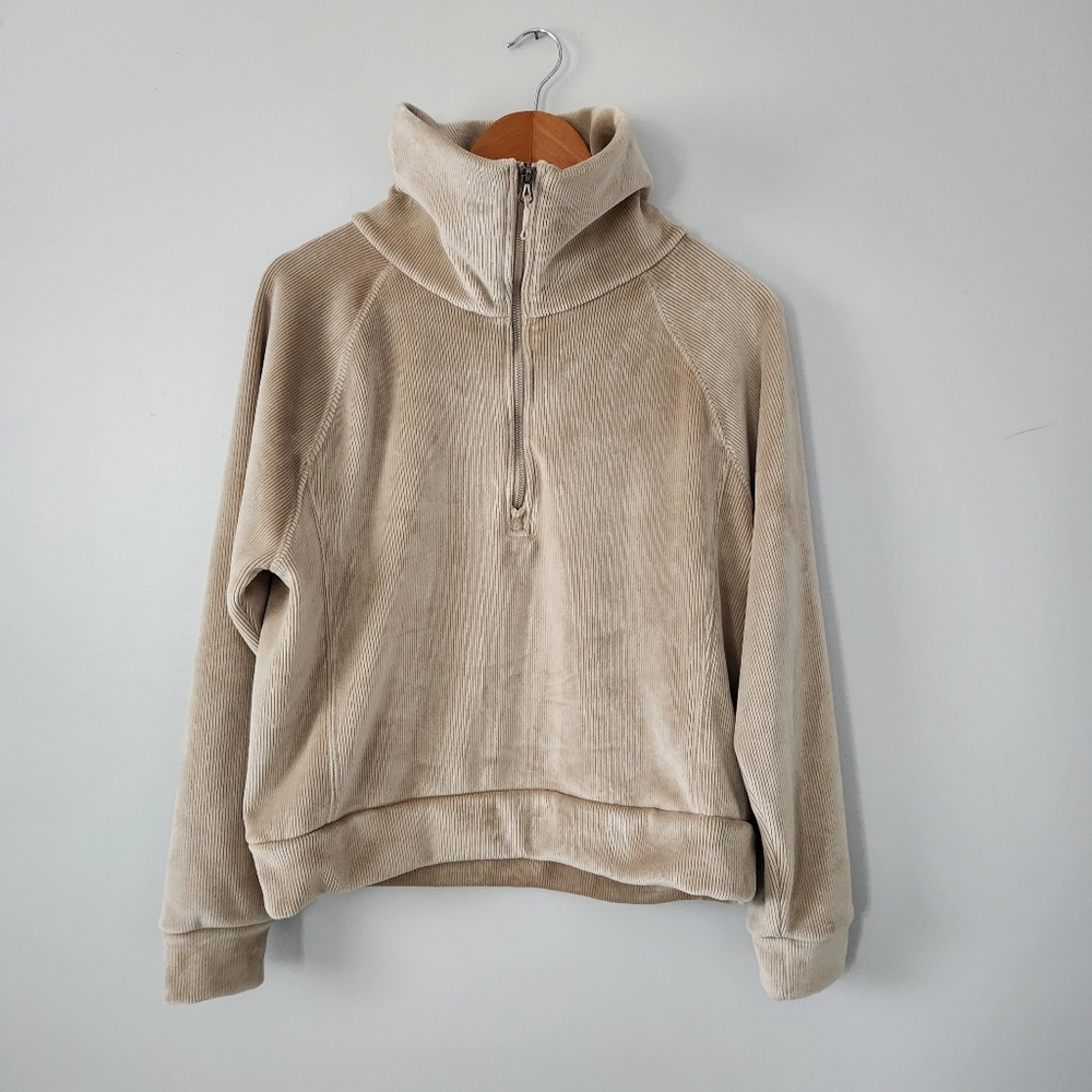 Kyodan Tan Half-Zip Soft Velvet-like Corduroy Boxy Sweater Large